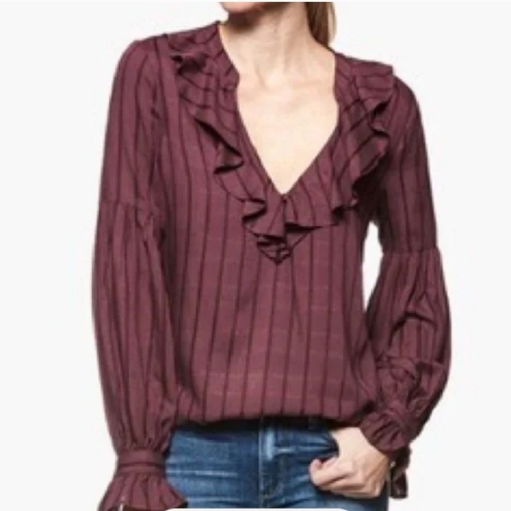 Paige Russo Ruffled Blouse Long Sleeve Pullover V-neck Purple Striped Size Small